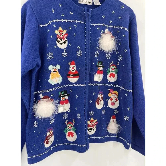 B. P. Design Christmas Holiday Sweater Blue Snowmen Feathers Full Zip Size LARGE - Picture 8 of 14